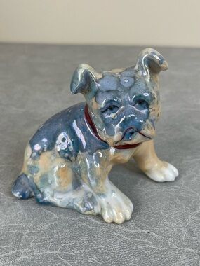 Vintage Collectible Iridescent Blue and Cream Bulldog Puppy Porcelain Figurine